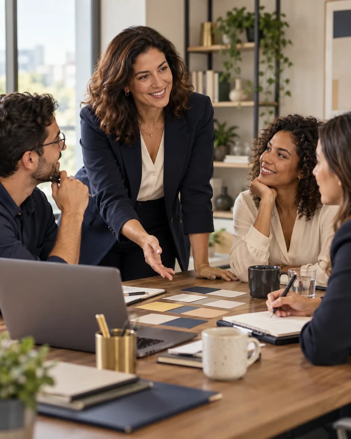 Consultora orientando profissionais em um workshop de RH — cena ilustrativa