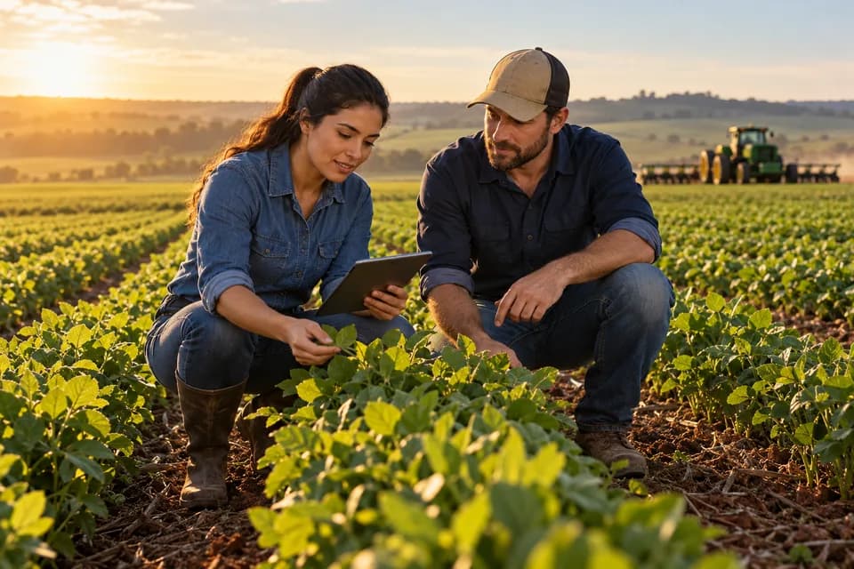 Agrônoma e profissional de campo avaliando uma lavoura — cena ilustrativa